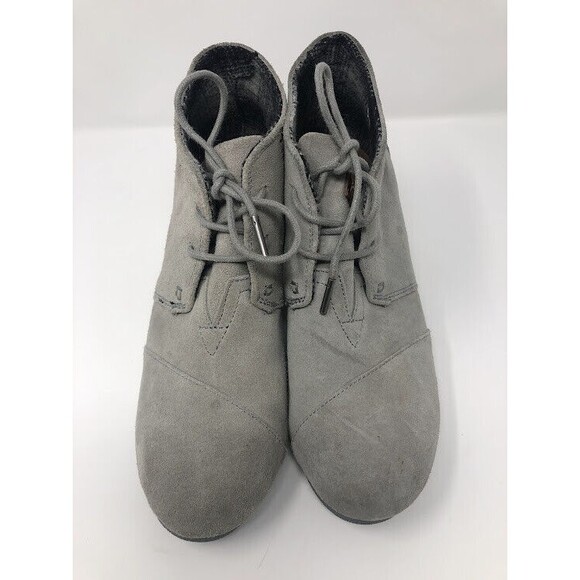Toms Kala Lace Up Wedge Booties Grey Women Size 10 Aztec Leather Suede Boots - Picture 3 of 8